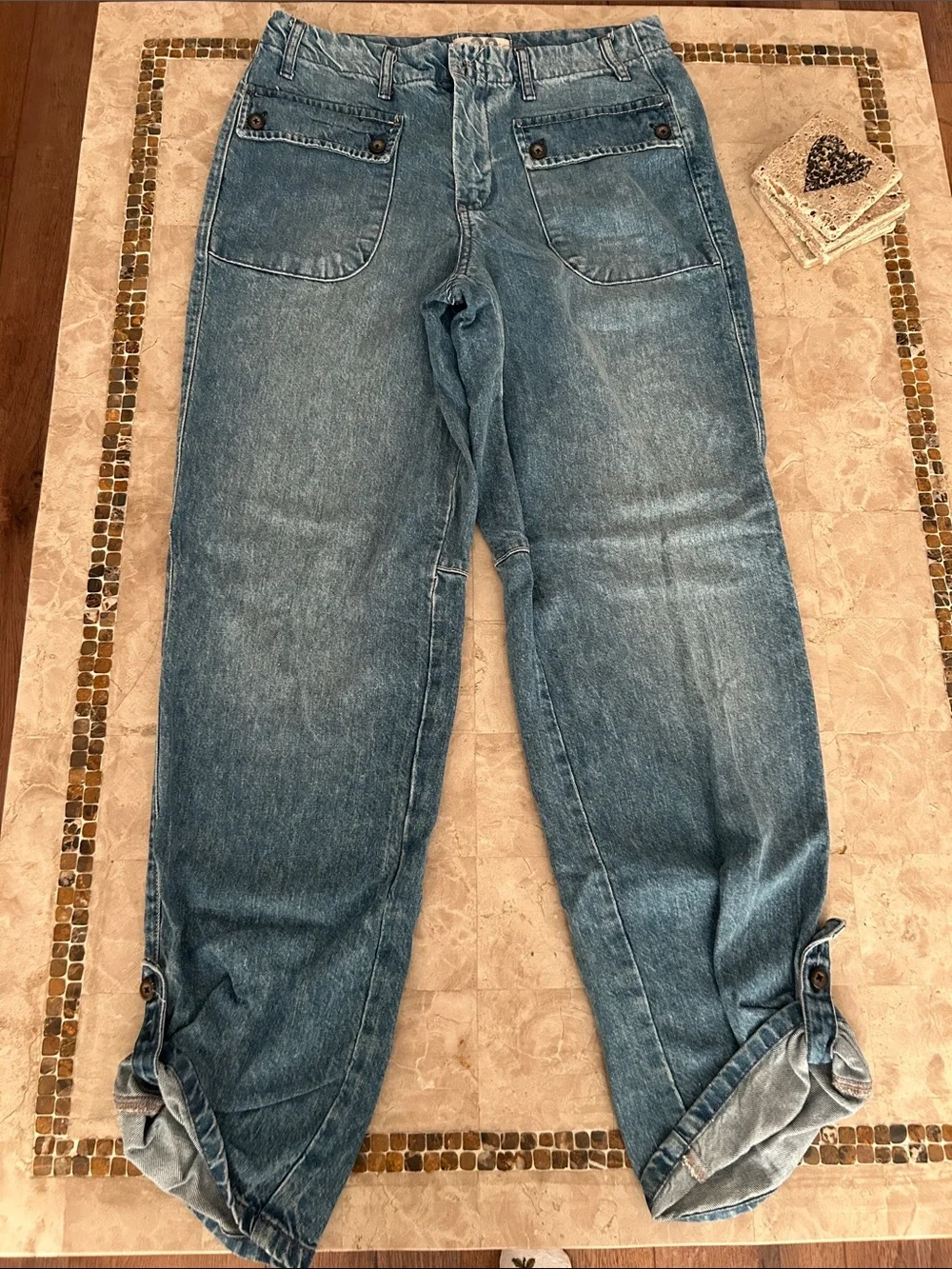 Free People Rory Slim Straight Jeans Seamed Button Pockets Tab Cuff Hems Size 28